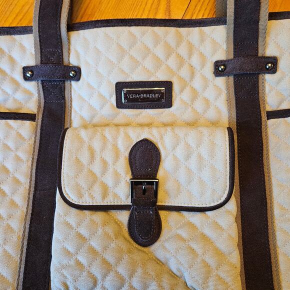 Vera Bradley Chestnut Tote Bag Birchwood Khaki Color Cotton Suede Trim - Picture 2 of 10